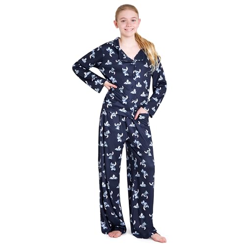 Disney Pyjama Mädchen von 7-14 Jahren - Stitch Schlafanzug Mädchen mit Langem Geknöpften Oberteil und Langer Hose (Marineblau, 9-10 Jahre) von Disney