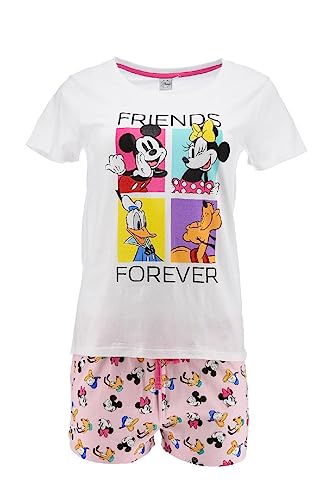 Disney Pyjama für Damen, 2-Teiliges Set Oberteil und Shorts für Damen, Pyjama mit Mickey Mouse, Minnie Mouse, Pluto und Donald Duck für Damen und Teenager (as3, Alpha, l, Regular, Regular, Weiß) von Disney