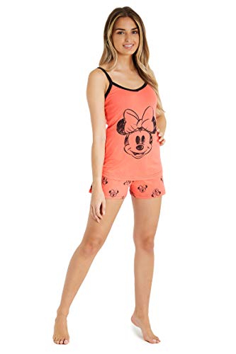 Disney Schlafanzug Damen Kurz, Pyjama Damen Teenager, Pyjama Set Cami Top und Schlafshorts Loungewear Baumwolle Geschenke Stitch Mickey Minnie S-XL (Koralle Minnie, XL) von Disney