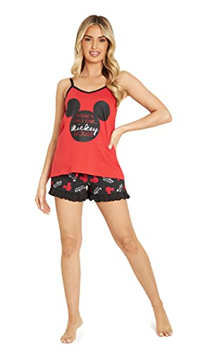 Disney Schlafanzug Damen Kurz, Pyjama Damen Teenager, Pyjama Set Cami Top und Schlafshorts Loungewear Baumwolle Geschenke Stitch Mickey Minnie S-XL (Rot/Schwarz Mickey, L) von Disney