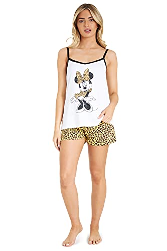 Disney Schlafanzug Damen Kurz, Pyjama Damen Teenager, Pyjama Set Cami Top und Schlafshorts Loungewear Baumwolle Geschenke Stitch Mickey Minnie S-XL (Weiß/Senf Minnie, M) von Disney