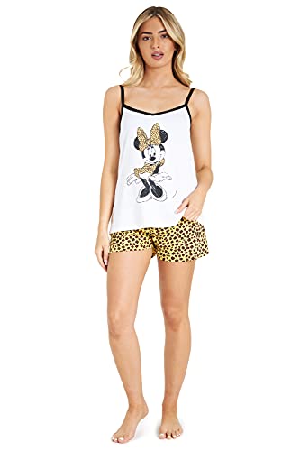 Disney Schlafanzug Damen Kurz, Pyjama Damen Teenager, Pyjama Set Cami Top und Schlafshorts Loungewear Baumwolle Geschenke Stitch Mickey Minnie S-XL (Weiß/Senf Minnie, L) von Disney