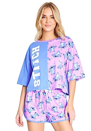 Disney Schlafanzug Damen Kurz, Pyjama Damen Teenager, Pyjama Set Cami Top und Schlafshorts Loungewear Baumwolle Geschenke Stitch Mickey Minnie S-XL (Blau/Lila Stitc, XL) von Disney