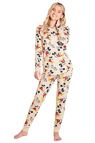 Disney Schlafanzug Damen Lang S-XL, Stitch Pyjama Damen Set, Mickey Minnie Mouse Geschenke Pyjama Damen Baumwolle (Beige Mickey, L) von Disney