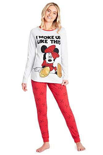 Disney Schlafanzug Damen Lang S-XL, Stitch Pyjama Damen Set, Mickey Minnie Mouse Geschenke Pyjama Damen Baumwolle (Grau/Rot Minnie, S) von Disney