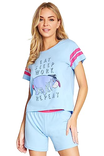 Disney Schlafanzug Damen Sommer Kurz Stitch Winnie Pooh (Blau I-Aah, L) von Disney