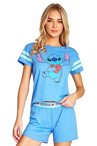 Disney Schlafanzug Damen Sommer Kurz Stitch Winnie Pooh (Blau Stitch, L) von Disney