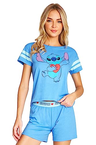 Disney Schlafanzug Damen Sommer Kurz Stitch Winnie Pooh (Blau Stitch, M) von Disney