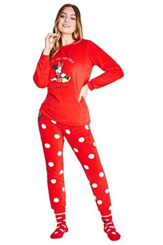 Disney Schlafanzug Damen mit Kuschelsocken Set Charaktere Stitch Geschenke Set (Rot Minnie, XL) von Disney