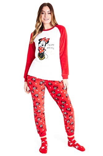 Disney Schlafanzug Damen mit Kuschelsocken Set Charaktere Stitch Geschenke Set (Weiß/Rot Minnie, M) von Disney