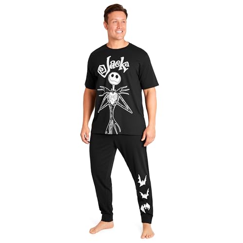 Disney Schlafanzug Herren Lang Lustig Pyjama Set Herren Nachtwäsche Witzig Donald Duck Grumpy Jack Skellington M-3XL (L, Schwarz Jack) von Disney