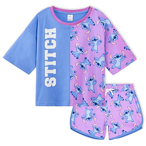 Disney Schlafanzug Mädchen Kurz, Stitch Frozen Prinzessinnen Minnie Mouse Pyjama Set Mädchen Set Stitch Schlafanzüge Stitch Kleidung Mädchen 2-14 Jahre Baumwolle (Blau/Lila Stitch, 9-10 Jahre) von Disney