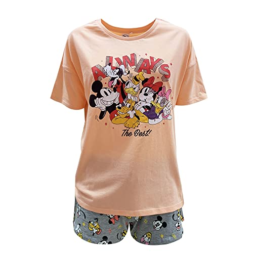 Disney Schlafanzug für Damen, Mickey Maus, T-Shirt und Shorts aus Baumwolle, Sommer 6093, Koralle, M von Disney