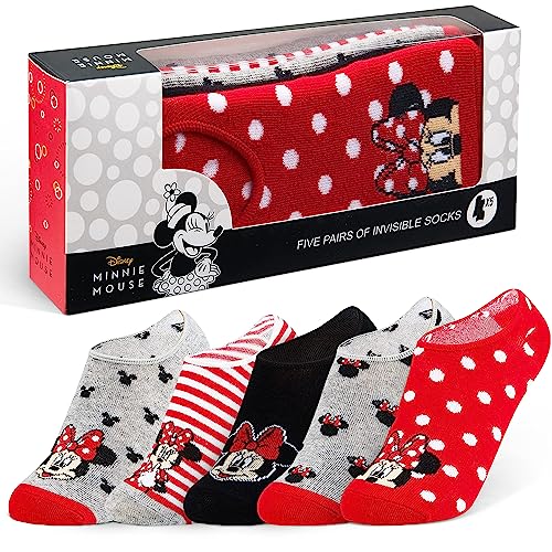 Disney Sneaker Socken, Kollektion, Baumwollreich Kurze Socken, Minnie Mouse Socken, Grau/Rot, 5 Paar Socken, Größe 36-40, Socken Damen, Geschenke Fans von Disney