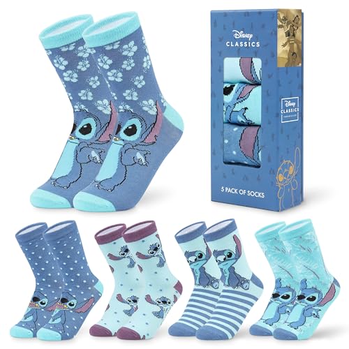 Disney Wadensocken Damen, Bunte Warme Socken Damen mit Motiv 5er-Pack - Stitch Winnie Pooh Baby Yoda, Freundin Geschenk (Blau Stitch) von Disney