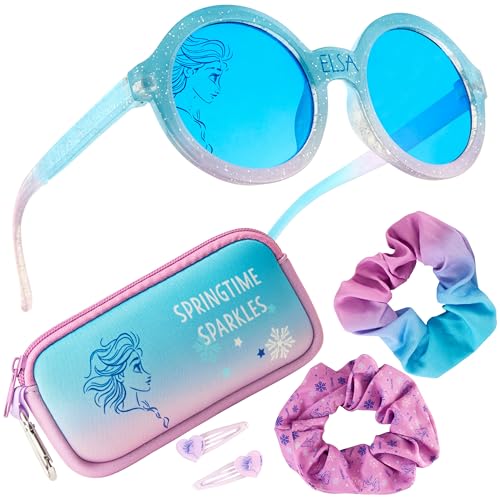 Disney Sonnenbrille Kinder Set mit Sonnenbrillen Etui, Scrunchies & Haargummis Mädchen (Blau Elsa) von Disney