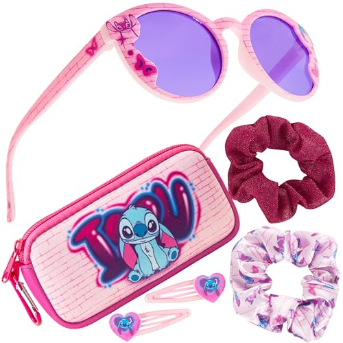 Disney Sonnenbrille Kinder Set mit Sonnenbrillen Etui, Scrunchies & Haargummis Mädchen (Rosa Stitch) von Disney