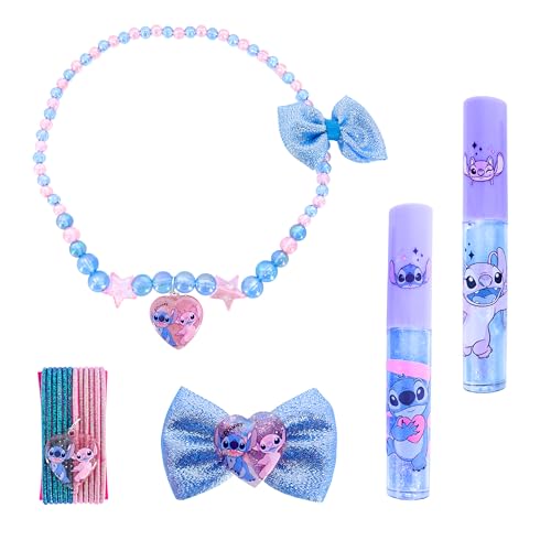 Disney Stitch Beauty-Set, Bestehend aus 2 Lippenstiften, Schleifen Clip, Haargummis und Halskette für Mädchen, Geschenkset für Mädchen von Disney