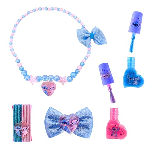 Disney Stitch Beauty-Set, Bestehend aus 2 Nagellacke, Schleifen Clip, Haargummis und Halskette für Mädchen, Geschenkset für Mädchen von Disney