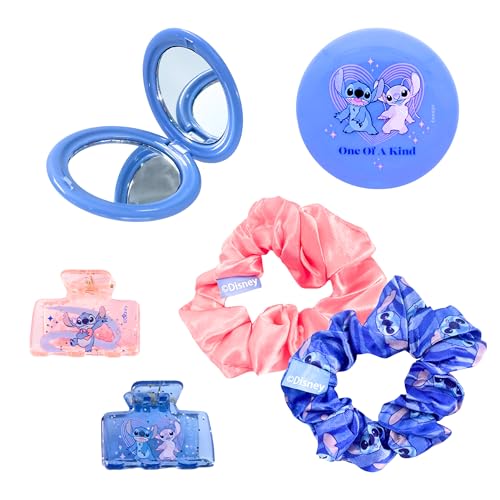 Disney Stitch Beauty-Set, Bestehend aus Spiegel, 2 Haargummis und 2 Haarspangen, Geschenkset für Mädchen von Disney