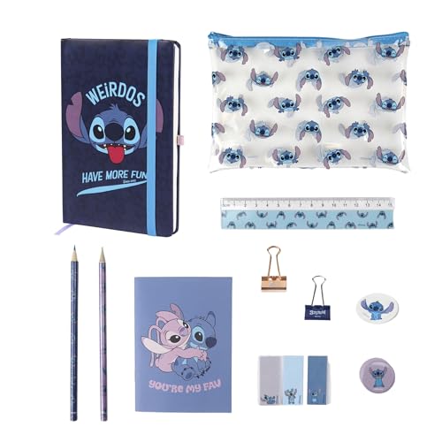 Disney Stitch Briefpapier-Set, Bestehend aus Bleistift, Lineal, Radiergummi, Spitzer, A6- und A5-Notizbuch, Haftnotizen, Clips, Buntstift, Federmäppchen, Schulset für Kinder von Disney