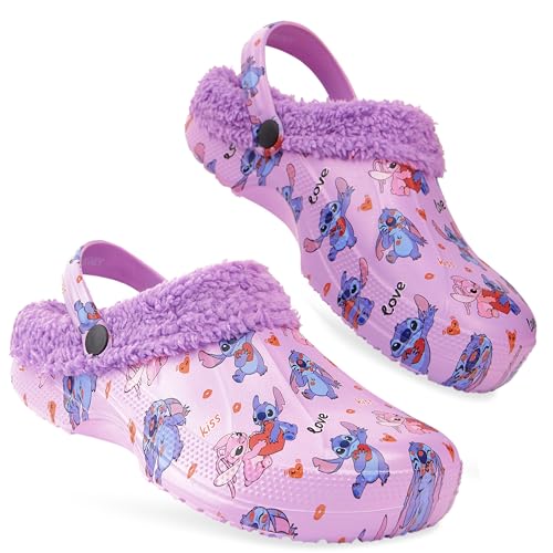 Disney Stitch Clogs für Damen - Winter Hausschuhe Damen Fleece Gefüttert in Größe 35-40 mit Anti-Rutsch-Sohle (Lila, 37-38 EU) von Disney