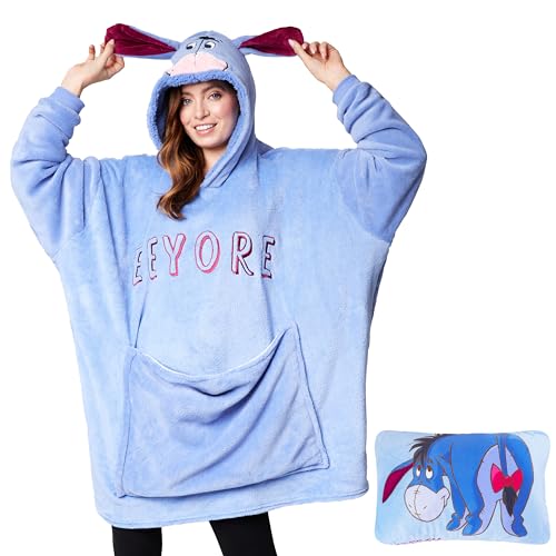 Disney Stitch Damen Hoodie Decke mit Ärmeln - 2-in-1 - Oversized Kapuzenpullover Fleece Tragbare Decken für Teenager (Blau Eeyore) von Disney