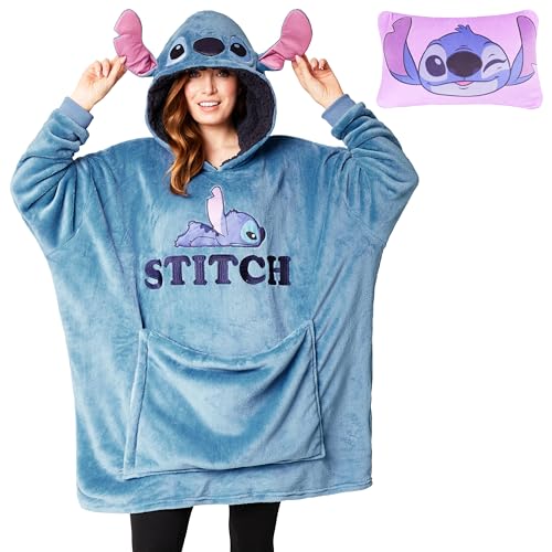 Disney Stitch Damen Hoodie Decke mit Ärmeln - 2-in-1 - Oversized Kapuzenpullover Fleece Tragbare Decken für Teenager (Blau Stitch) von Disney