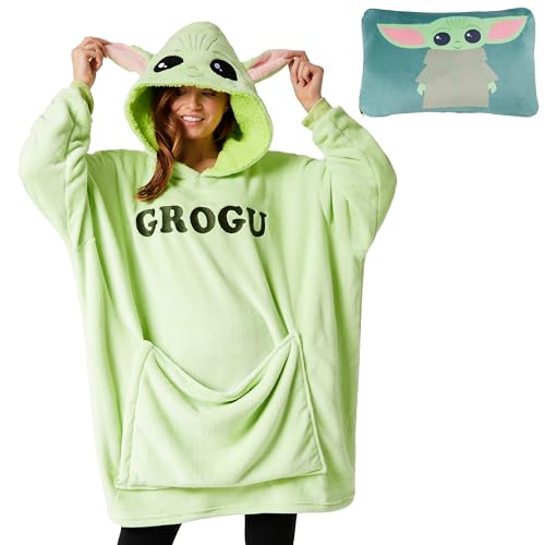 Disney Stitch Damen Hoodie Decke mit Ärmeln - 2-in-1 - Oversized Kapuzenpullover Fleece Tragbare Decken für Teenager (Grün Baby Yoda) von Disney
