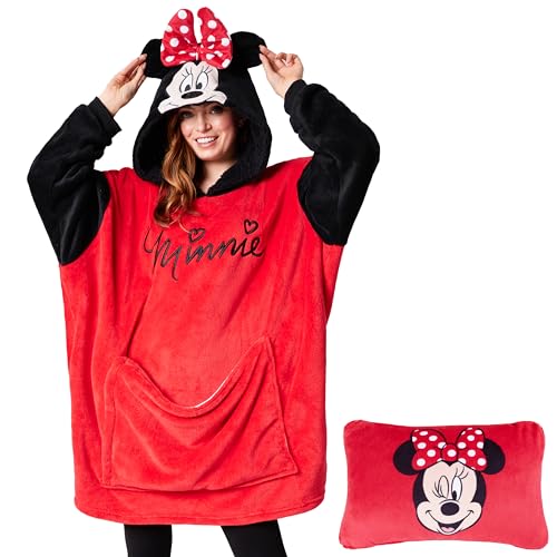 Disney Stitch Damen Hoodie Decke mit Ärmeln - 2-in-1 - Oversized Kapuzenpullover Fleece Tragbare Decken für Teenager (Rot Minnie) von Disney