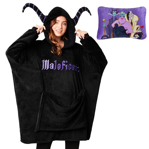 Disney Stitch Damen Hoodie Decke mit Ärmeln - 2-in-1 - Oversized Kapuzenpullover Fleece Tragbare Decken für Teenager (Schwarz Maleficent) von Disney