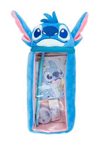 Disney Stitch – Federmäppchen aus Plüsch zylindrisch mit 3D-Kopf | Schreibwaren-Set mit Stift, Bleistift, Notizblock, Radiergummi und Spitzer, Hellblau Stitch, Mäppchen von Disney