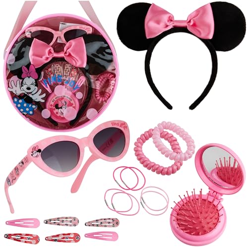 Disney Stitch Handtasche Mädchen Set Kleine Tasche Kinder Sonnenbrille UV400 Haargummis Haarspangen Haarschmuck Geschenke Mädchen (Rosa Minnie Mouse) von Disney