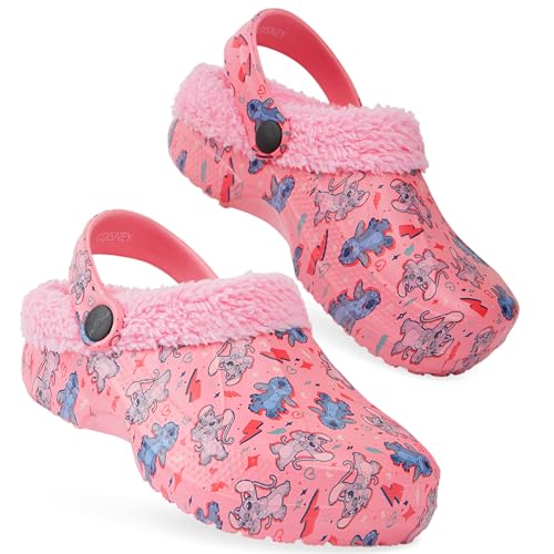 Disney Stitch Hausschuhe Kinder Mädchen – Fleece-gefütterte Kinder Clogs mit Rutschfester Sohle (Rosa Stitch/Angel, 28-29 EU) von Disney