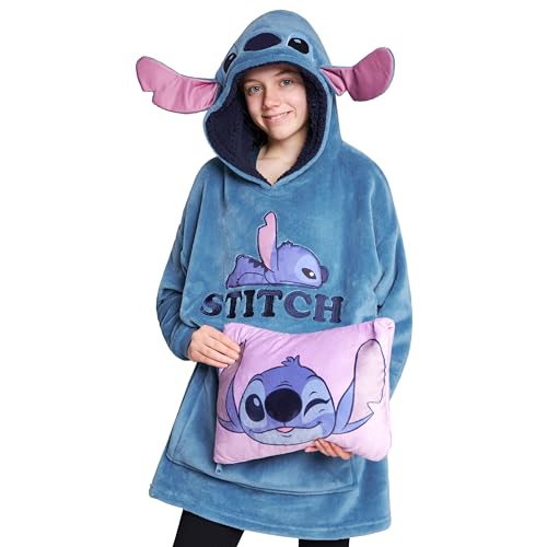 Disney Übergroße Kapuzenpullover Mädchen 2-in-1 Kissen Hoodie, Sherpa-Kapuze & 3D-Ohren One Size - Geschenke für Mädchen (Blau Stitch) von Disney