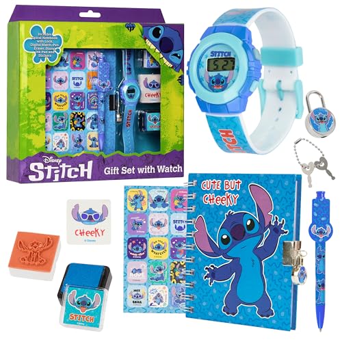 Disney Stitch Kinder Armbanduhr Mädchen & Junge mit Schreibwaren Set, Tagebuch Abschließbar, Stempel, Stifte von Disney