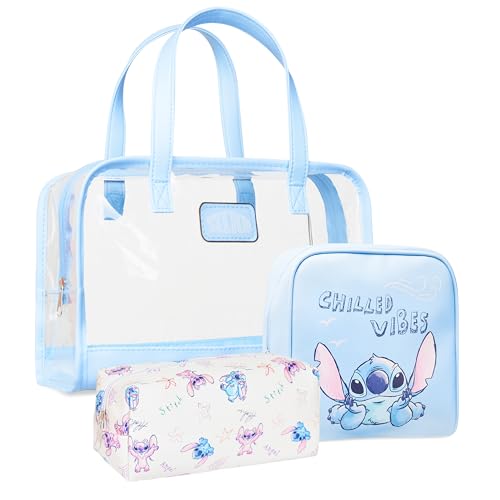 Disney Stitch Kulturtasche Damen, 3er-Set Make Up Tasche, Waschtasche, Kosmetiktasche Damen Blau - Reise Geschenke von Disney