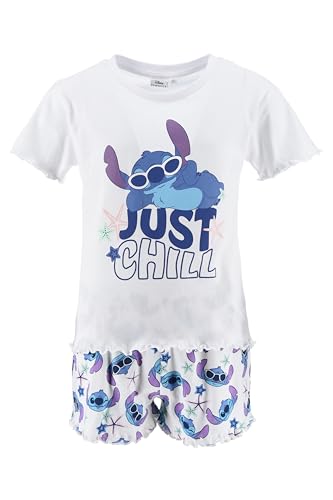 Disney Stitch Mädchen T-Shirt und Shorts, 'Just Chill' Design 2-Teiliges Pyjama Set, Größe 14 Jahre | Weiß von Disney