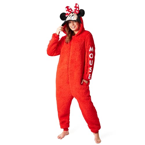 Disney Stitch Onesie Damen & Teenager, Lilo und Stitch Fleece Einteiler Damen mit Kapuze & Ohren Geschenke Erwachsene (Rot Minnie, M) von Disney