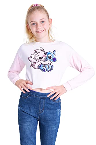 Disney Stitch Pullover Kinder Mädchen 7-14 Jahren, Crop Top Sweatshirt Pullover Mädchen - Geschenke für Mädchen (13-14 Jahre, Beige/Rosa) von Disney