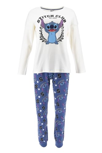 Disney Stitch Pyjama für Damen, T-Shirt und Lange Hose, 2-Teiliges Set für Damen, Blauer College Pyjama aus Weicher Baumwolle, Geschenk-Pyjama für Damen und Teenager (L) von Disney