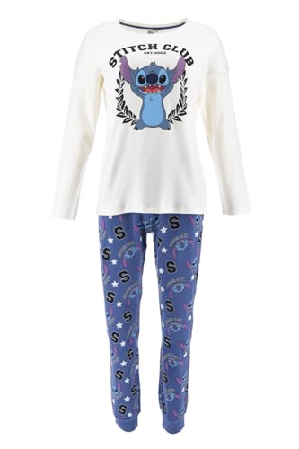 Disney Stitch Pyjama für Damen, T-Shirt und Lange Hose, 2-Teiliges Set für Damen, Blauer College Pyjama aus Weicher Baumwolle, Geschenk-Pyjama für Damen und Teenager (XL) von Disney