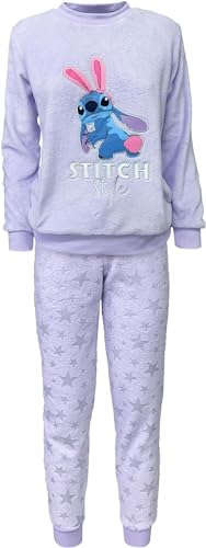 Disney Stitch Pyjama für Damen, T-Shirt und Lange Hose, 2-Teiliges Set für Damen, Lila Weicher Fleece-Pyjama mit Sternenmuster, Pyjama Geschenk für Frauen und Teenager (L) von Disney