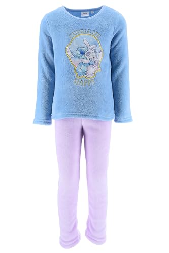Disney Stitch Pyjama für Mädchen, 2-Teiliges Samt T-Shirt und Lange Hose, Fleece Pyjama mit Stitch und Engel Motiven, Größe 8 Jahre | Blau von Disney