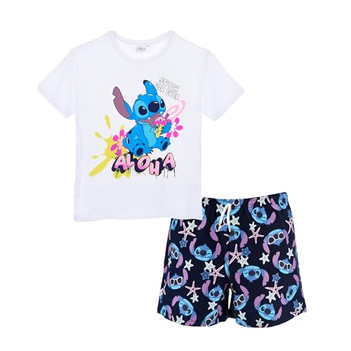 Disney Stitch Pyjama für Mädchen, 2 Teiliges Set mit 'Aloha' Design T-Shirt und Shorts, Größe 12 Jahre | Weiß von Disney