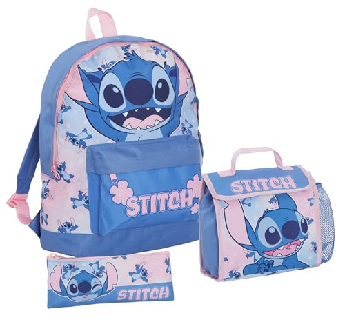 Disney Stitch Rucksack + Lunchtasche + Federmäppchen Mädchen 3-teiliges Schulranzen-Set Back to School Set, blau, Einheitsgröße, Rucksack-Set von Disney