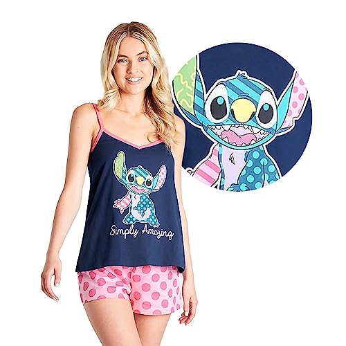 Disney Stitch Schlafanzug, Lilo and Stitch Nachtwäsche Damen Set, Loungewear Pjama Set für Damen, Cami Top und Shorts Damen Schlafanzug, Baumwolle, Stylisch Pjama Set für Damen, Marineblau/Rosa, XL von Disney