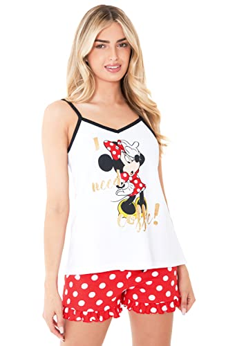 Disney Stitch Schlafanzug, Minnie und Mickey Mouse Schlafanzug Damen, Loungewear Pjama Set Für Damen, Cami Top und Schlafshorts, Baumwolle, Stylisch Geschenk Fã¼r Frauen, Weiß/Rot, XL von Disney