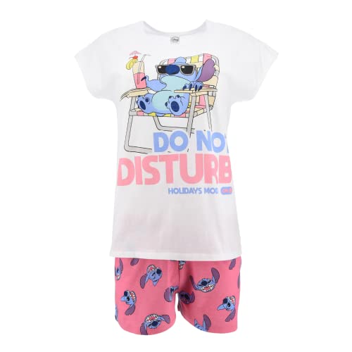 Disney Stitch Schlafanzug Damen, T-Shirt und Shorts Set 2-Teilig für Damen, Weiche Baumwolle, Stitch Design Pyjama Damen und Jugendliche | L - Weiß von Disney