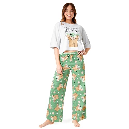 Disney Stitch Schlafanzug Damen – Baby Yoda Minnie Mouse Stitch Langer Pyjama mit Crop Top – Weihnachtlicher Schlafanzug für Frauen S-XL (Grün Baby Yoda, L) von Disney